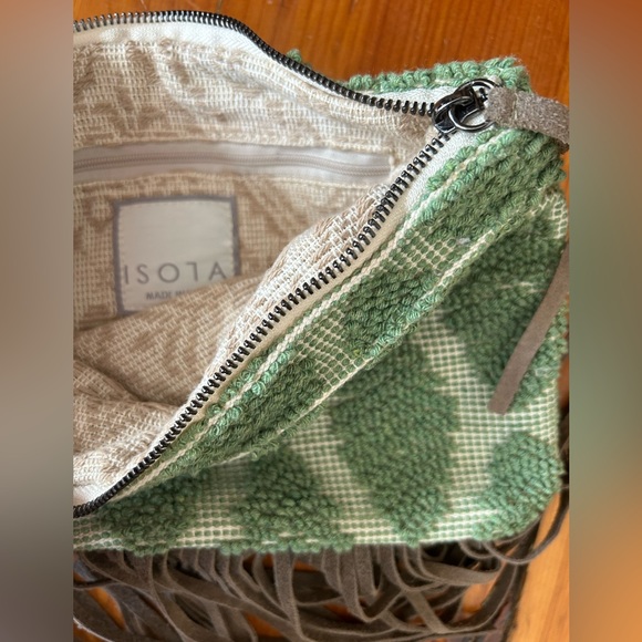 Isola handmade in Italy clutch purse sage green chenille with leather fringe - Picture 4 of 9